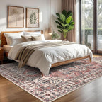 KOZYFLY Boho Area Rug 6x9 Ft Thin Washable Rugs for Bedroom and Living Room Faux Wool Printed Throw Carpet Non Slip Rug for Entryway Kitchen Dining Room, Terracotta/Beige