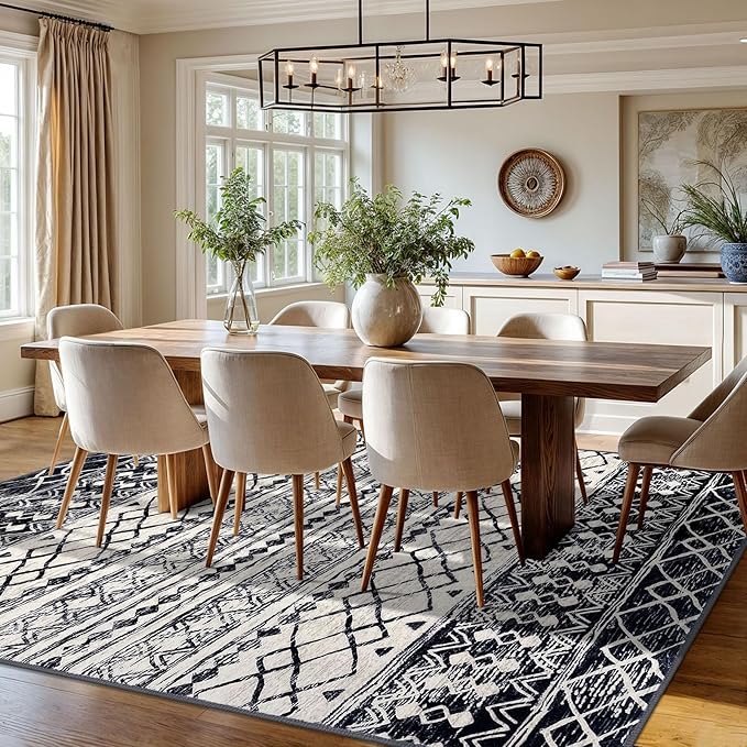 KUTA Moroccan 8x10 Area Rugs Black Navy Blue, Washable Boho Living Room Rug Non-Slip, Ultra Soft Geometric Print Tribal Traditional Farmhouse Carpet for Dining Bedroom Dorm Office Home Decor