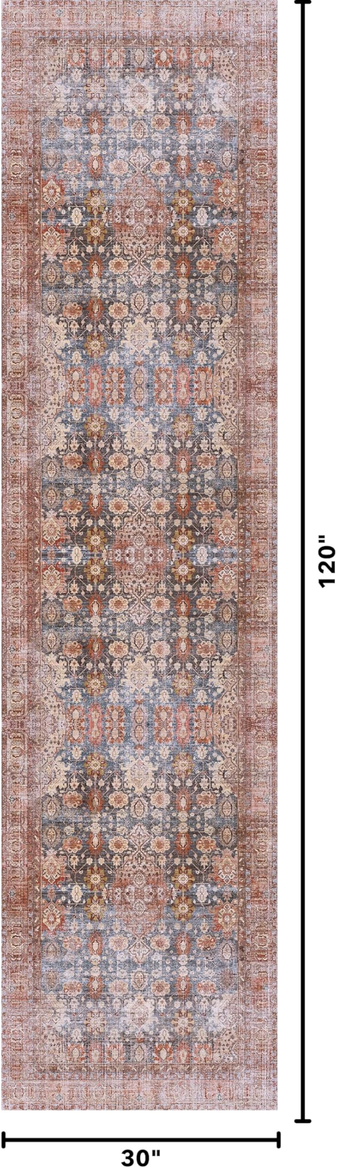 Kuden 2'6"x10 Runner Rug, Machine Washable Area Rug with Non-Slip Backing, Vintage Style, Soft, Easy Clean, Low Pile Rug for Hallway, Entryway, Kitchen, Bedroom
