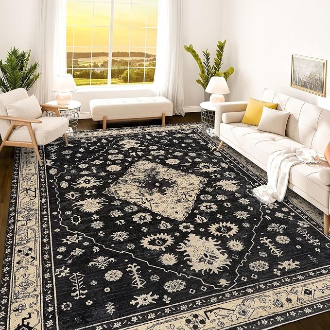 Istana 9x12 Area Rug - Black 9 x 12 Area Rugs for Living Room - Foldable 9x12 Rugs for Bedroom - Stain Resistant Washable Rug - Eco-Friendly Area Rugs Living Room