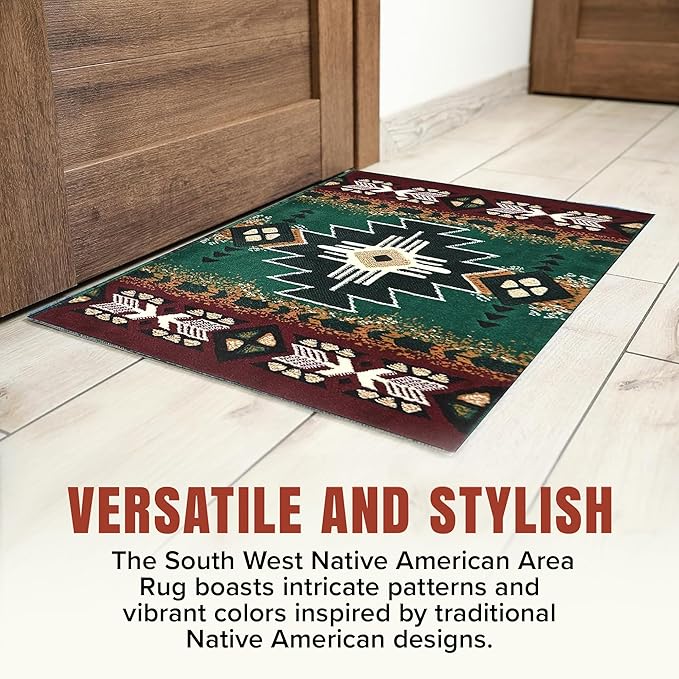 YHSF South West Native American Area Rug C318 - Easy Clean, Thick, Soft, Durable Native Tribal American Indian Inspired Rug for Bedroom/Living Room and More - Hunter Green, 3 ft 10 in x 5 ft 2 in