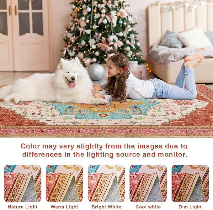 3x5 Orange Pink Area Rug for Living Room, Machine Washable Rugs with Non-Slip Backing for Bedroom, Vintage Medallion Carpet Kitchen Laundry Kids Room Decor