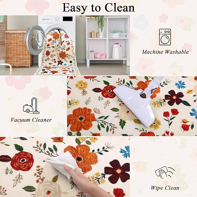 U'Artlines Runner Rug for Hallways & Kitchen - 2'6" x 10' Colorful Soft Non Slip Washable Boho Floral Floor Carpet for Entryway, Laundry Room, Bathroom - Beige