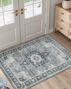 DEXI Area Rugs for Entryway 2'8"x4', Washable Low Pile Vintage Traditional Entry Rug Non Slip, Indoor Door Mat for Bedroom Kitchen Entrance Hallway, Blue Grey
