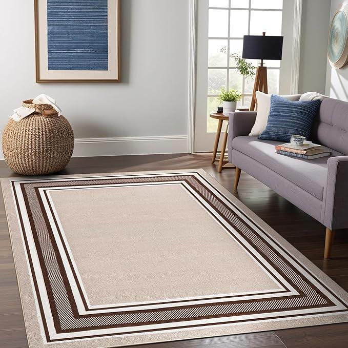 Beverly Rug Non Slip Area Rugs 5x7 Modern Bordered Non Skid Rubber Backing Soft Area Rug for Living Dining Room Easy to Clean Non Shedding Kitchen Bedroom Indoor Carpet 5 x 7 Beige-Brown