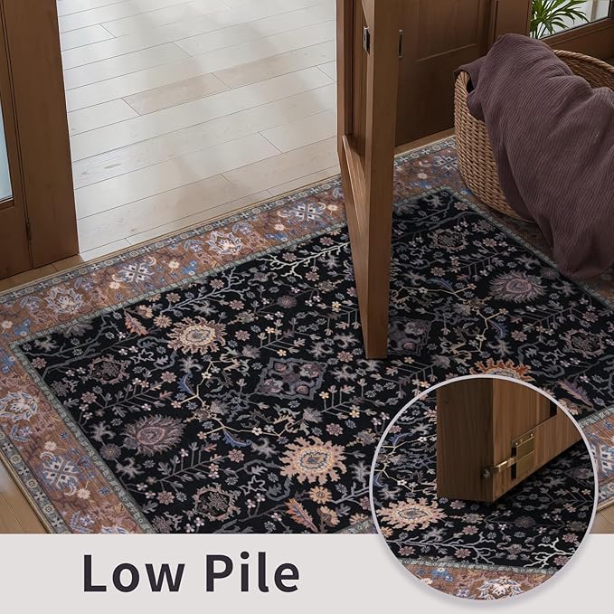 Ciicool Black Area Rugs Washable Non Slip Runner Rug, 2x6ft Hallway Rug Vintage Kitchen Carpet for Entrance Bedroom Laundry Bathroom Decor