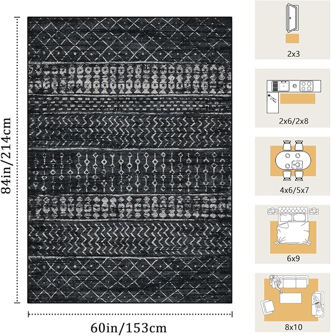 5x7 Machine Washable Area Rug for Living Room, Black Vintage Moroccan Rug Large Non-Slip Low Pile Soft Faux Wool Carpet, Kids and Pets Friendly for Bedroom Dining Room Farmhouse Home Decor Rug