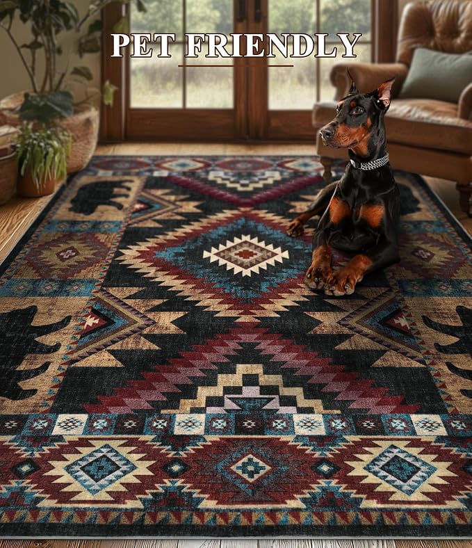 YIHOUSE Rustic Cabin Area Rug 9x12, Lodge Wildlife Bear Washable Large Area Rug, Southwestern Rustic Rugs for Living Room