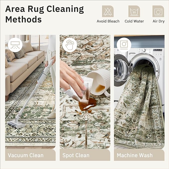 Washable Area Rug 8x10, Large Soft Rugs for Living Room Farmhouse Vintage Area Rugs for Bedroom Dining Room Non-Slip Stain Resistant Under Table Rug Olive Beige