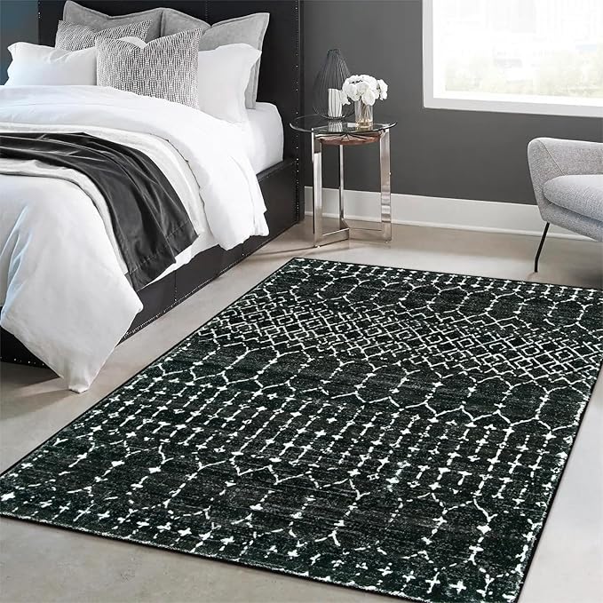 Lahome Moroccan Black Rug for Bedroom Washable Area Rugs 4x6 Non-Slip Ultra-Thin Living Room Carpet Stain Resistant Throw Entryway Indoor Mat, Geometric Print Modren Carpet Rug for Office Kitchen