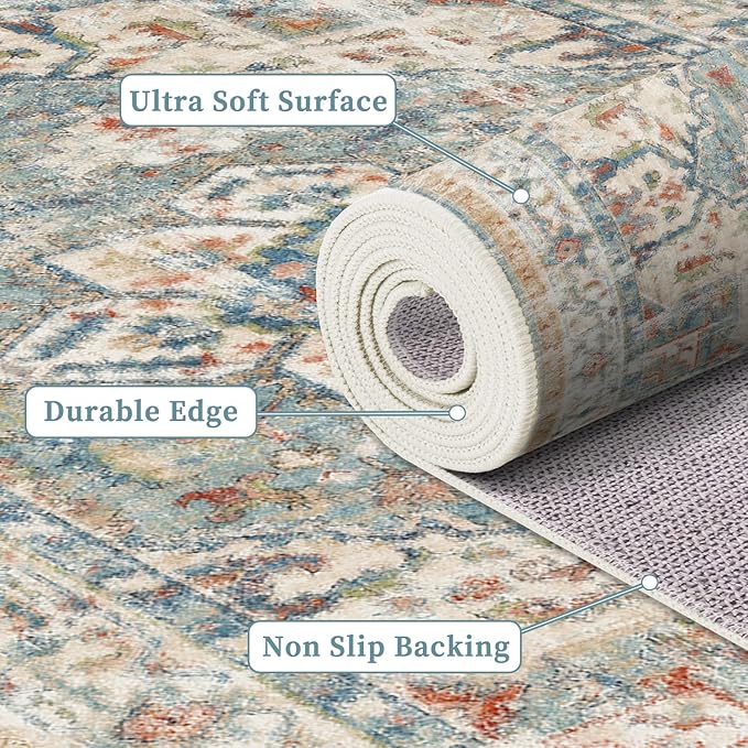 Enkor Area Soft Rugs 2x3 Washable Non Slip Boho Small Floor Entryway Rugs for Living Room Bedroom, Vintage Style Farmhouse Mat for Kitchen Beige & Green