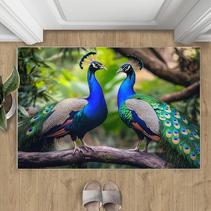 Peacock Rugs for Bedroom - 6x8 Rug, Peacock Couples Area Rugs for Living Room, Nature Carpet, Peafowl Washable Area Mat, Malachite Green Feather Carpet - Peafowl Home Decor & Gifts
