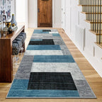 Indoor Runner Rug, Washable Runner Rug with Rubber Backing, Modern Geometric Patchwork Aesthetic Carpet for Bedroom, Living Room, Hallway, Entryway, Washable Rug Rockwood Collection, 2x6 Ft Blue