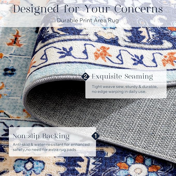 Phantoscope Washable Area Rug 8'x10' Non-Slip, Vintage Boho Rugs for Living Room, Bedroom, Dining Room, Medallion Persian Symmetrical Pattern, Low-Pile Foldable Floor Carpet, Ivory Blue/Orange