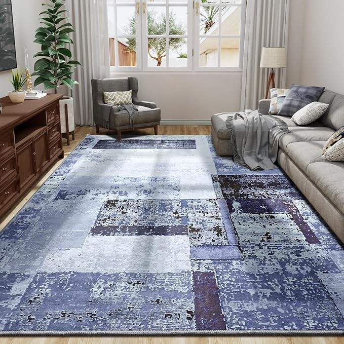 LOCHAS Rug for Living Room 6x9, Washable Soft Area Rugs for Bedroom, Abstract Carpet for Indoor Office Kids Dining Room Nursery Floor, Blue Geometric Vintage Home Decor, Non Slip, Pet Child Friendly