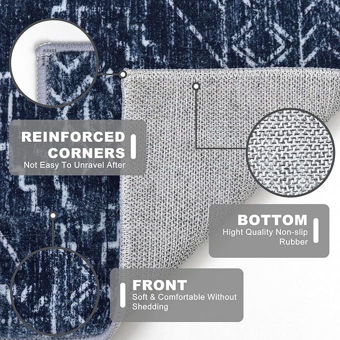 KILOCOCO Hallway Runner Rug 2x8 Runners for Hallways Washable Runner Rug Non Slip Rubber Backed Low-Pile Runners for Bedroom Kitchen Living Room Laundry Room Boho Rugs, Dark Blue