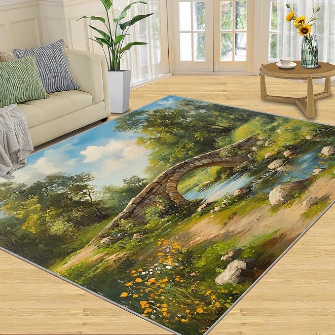 Forest Rugs for Bedroom - 5x8 Area Rug - Stone Bridge Stream Rugs for Living Room, Retro Country Style Rug, Non-Slip Washable Home Decor Carpet