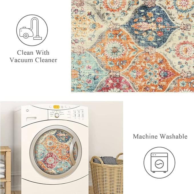 Lahome Moroccan Machine Washable Rugs for Living Room, 4x6 Rug for Bedroom Non-Slip Vintage Trellis Ultra-Thin Throw Carpet for Dining Room Office Nursery, Cream/Multi