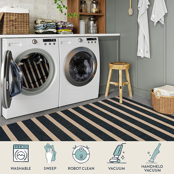 Lahome Striped Easy Jute Area Rug 6x9, Outdoor Patio Rug Neutral Black Carpet for Living Room Classroom, Farmhouse Low Pile Non Slip Non Shedding Floor Carpet for Dining Room Office