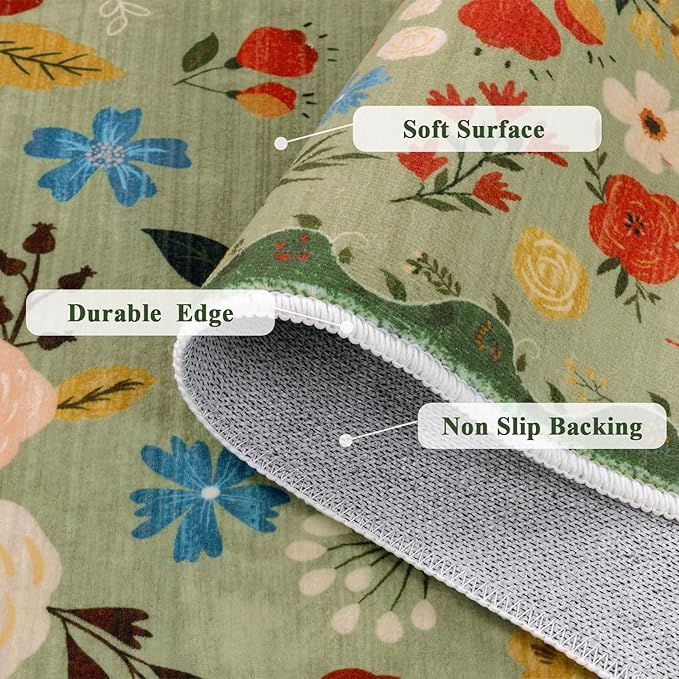 U'Artlines 8x10ft Vintage Floral Area Rug Machine Washable Ultra Soft Low Pile Non Slip Non Shedding Accent Floor Carpet for Living Room, Bedroom, Dining Room, Office (Green)