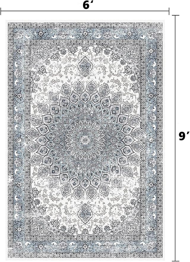 6’x9’ Area Rugs for Living Room Non Slip Washable Low Pile Area Rugs for Bedroom Vintage Carpets Blue