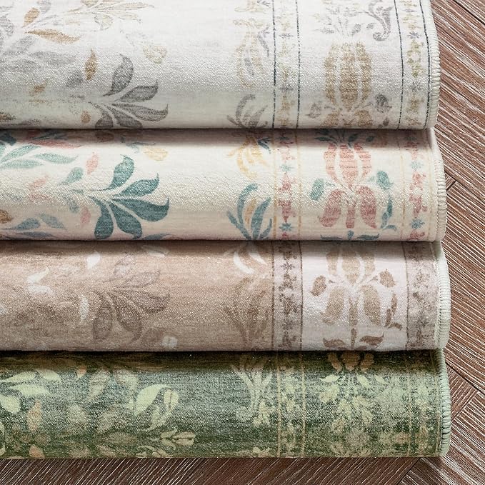 jinchan Green Floral 2x3 Rug for Entryway - Vintage Washable Area Rug Ultra-Thin Low Pile Soft Small Non Slip Distressed Doormat for Entrance Kitchen Bathroom Bedroom (2x3ft,Dark Green)