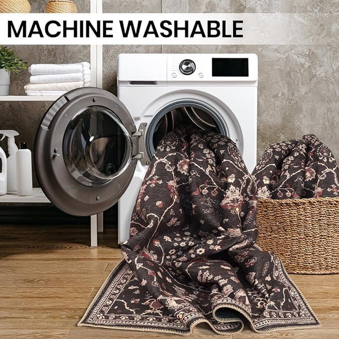 GLN Rugs Traditional Collection - Machine Washable Area Rug, Traditional Washable, Non Slip, Low Pile Chenille Rug, Living Room, Bedroom, Kitchen Rug (2'6" x 7' Black)