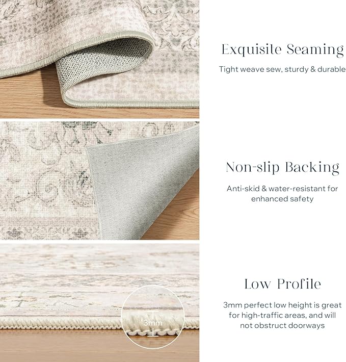 Phantoscope Washable Runner Rug 2'x10' Non-Slip, Vintage Neutral Hallway Rugs for Entryway, Stair, Bedroom, Distressed Boho Floral Medallion Pattern, Low-Pile Foldable Carpet, Cream Beige/Neutral