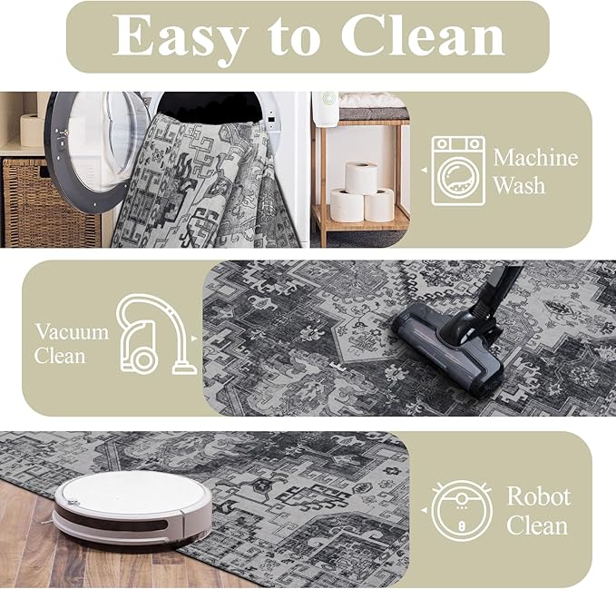 Washable Rugs 5x7 Area Rugs for Living Room, Thin Carpet for Bedroom, Soft Faux Wool Retro Dining Room Rug，Non Slip&Non-Shedding Resistant Low Pile Vintage Print Rug for Home Office (Medium Gray)