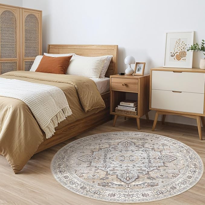 Round Rug Living Room Rugs: 5Ft Washable Boho Neutral Large Circle Soft Indoor Distressed Stain Resistant Floor Farmhouse Carpet for Bedroom Nursery Kids Playroom Office Dining Room Dorm- Cream Gray