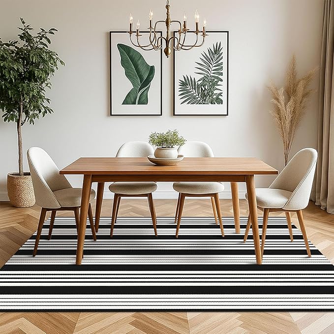 KOZYFLY Black and White Striped Outdoor Rug 5x7 Ft Area Rug Washable Indoor Outdoor Rug Cotton Outdoor Patio Rugs Farmhouse Rugs Living Room Carpet for Patio Dining Room Bedroom
