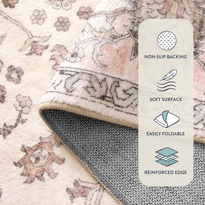 Lahome Boho Bedroom Rugs 8x10 Non Slip, Washable Pink Rugs for Bedroom Girls Ultra-Thin,Vintage Large Carpet for Living Room Dining Room Nursery Room Dorm Classroom (Pink, 8' x 10')