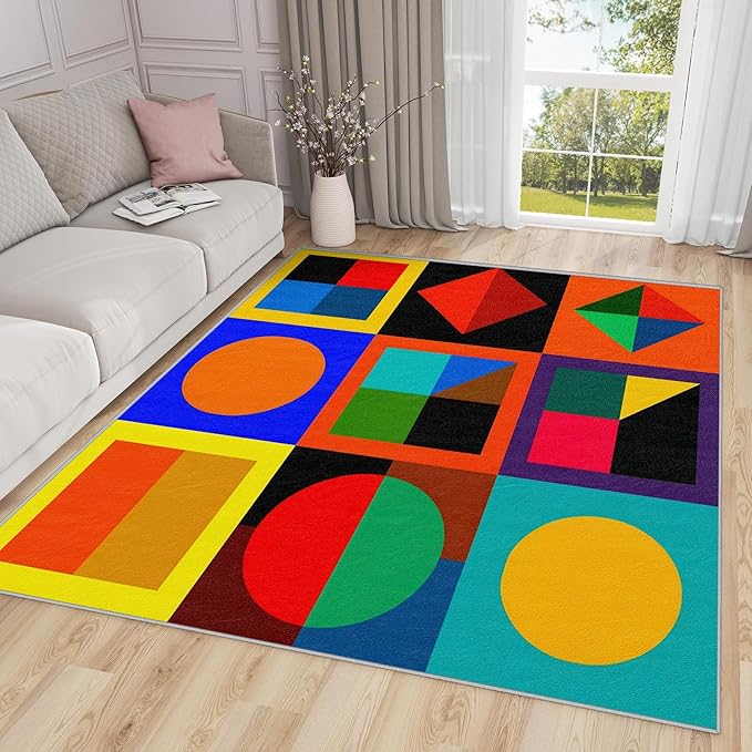 Geometric Rugs for Bedroom - 4x5ft - Colorful Abstract Modern Funky Rugs for Living Room Non Slip Low Pile Machine Washable Area Rug, Geometric Carpets Home Decor & Gifts