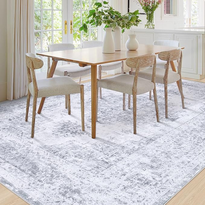 Area Rug 8x10 Living Room Rug, Machine Washable Vintage Distressed Medallion Rug Non-Slip Soft Low Pile Large Indoor Rugs for Bedroom Kitchen Dining Room Office(LightGrey,8'x10')