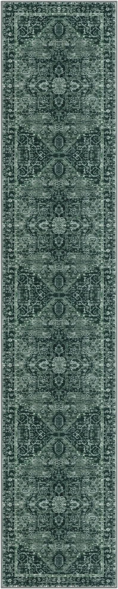 KOZYFLY Runners for Hallways 3x12 Ft Extra Long Washable Faux Wool Thin Hallway Rug Boho Runner Carpet Printed Entryway Rug for Bedroom Stairs Kitchen Living Room Hall, Dark Green