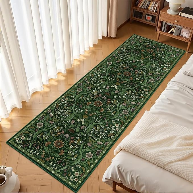 2x6 Washable Runner Rug,Dark Green Floral Boho Area Rug for Hallway,Low-Pile Non-Slip Stain Resistant Carpet for Kitchen, Bedside,Laundry Room,Entryway