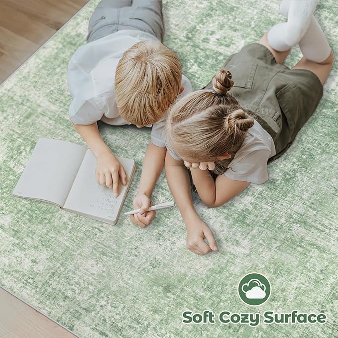 Area Rug 8x10 Washable Rug, Vintage Boho Medallion Rugs Non-Slip Soft Low Pile Large Distressed Rug Indoor Retro Carpet for Living Room Bedroom Dining Room Home Office (Sage Green, 8'x10')