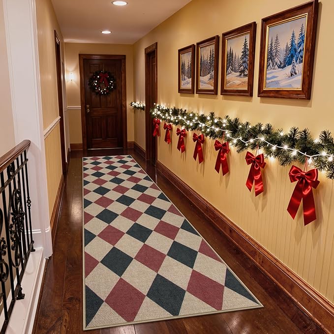 Lahome Christmas Runner Rug, 2x8 Christmas Kitchen Decor Checkered Non Slip Entryway Runner Rug, Checkerboard Red and Black Indoor Outdoor Xmas Decorations for Hallway 8ft Entry Bathroom