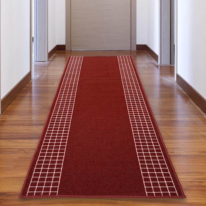 Custom Made Runner Rug for Kitchen Foyer Hallway Entry Choose Your Length 26 Inch Wide Geometric Checkered Design Red Color (7 feet x 26 inch)