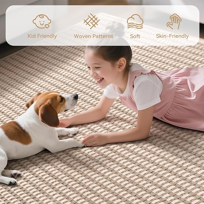 Boho Washable Area Rugs 6x9 ft, Non Slip Area Rug for Living Room, Braided Office Rugs Bedroom Rug Woven Washable Indoor Floor Carpets for Office Dining Bedroom Living Room, Easy to Clean, Brown
