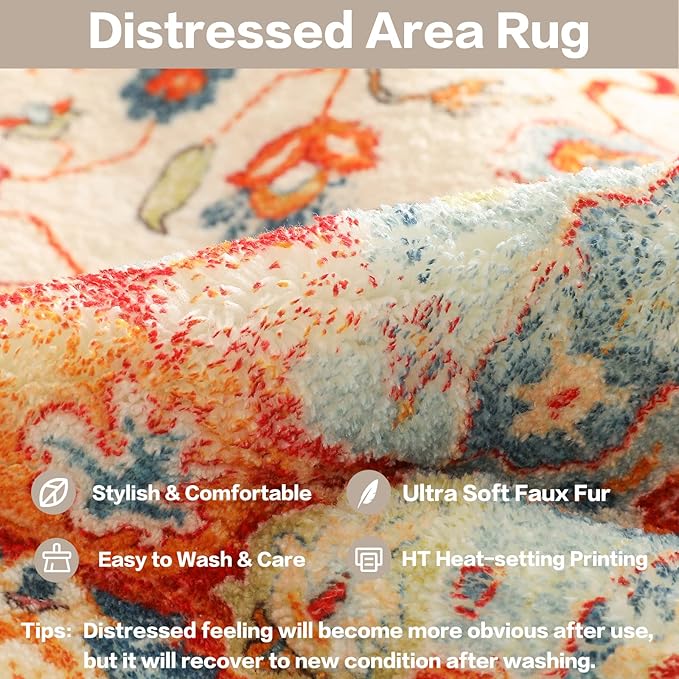 COMSLE Boho Runner Rug, 2' x 8' Washable Rugs for Hallway Faux Wool Small Kitchen Area Rug Distressed Throw Rug Non-Slip Laundry Room Rug Carpet Runner for Entryway Indoor Bedroom