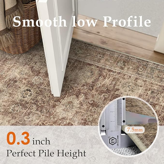 8x10 Washable Area Rug for Living Room Bedroom Rust Vintage Distressed Rustic Large Carpet Non-Slip Low Pile Lightweight Vacuumable Soft Throw Rug for Indoor Dining Room