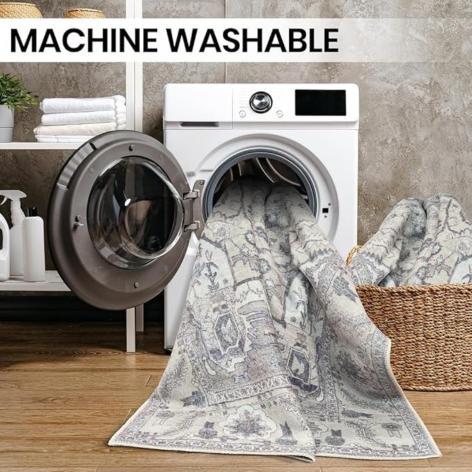 GLN Rugs Traditional Collection - Machine Washable Area Rug, Traditional Washable, Non Slip, Low Pile Chenille Rug, Living Room, Bedroom, Kitchen Rug (8' x 10' Cream/Gray)