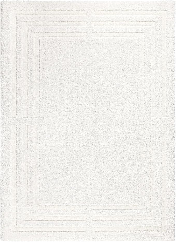 Town & Country Everyday Cloud Shag Plush Border Area Rug with High-Low Pile, Ivory, 6'6"x9'6"