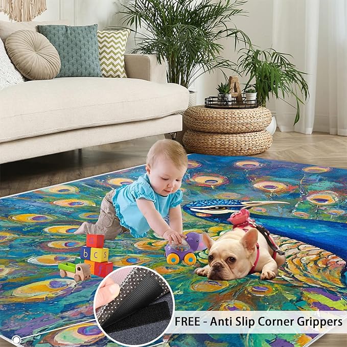 Peacock Rug Small - 2x3 Rug, Turquoise Teal Peafowl Washable Rugs for Living Room, Peafowl Decor Carpet, Modern Style Non-Slip Area Rugs for Bedroom, Aesthetics Carpet - Peafowl Home Decor & Gifts