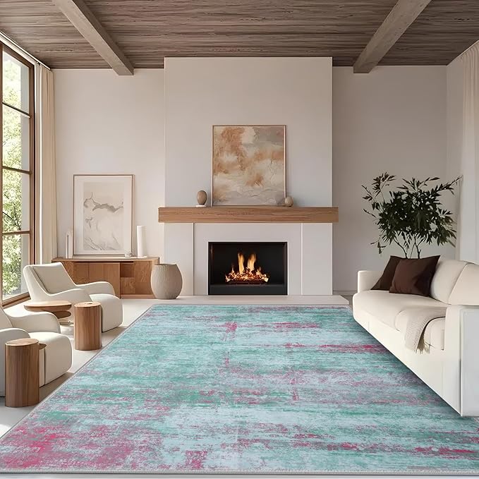 8x10 Abstract Area Rugs for Living Room, Modern Washable Indoor Rug for Bedroom, Thin Soft Large Non-Slip Carpet for Dining Room Home Office Farmhouse Decor - Abstract Green Red