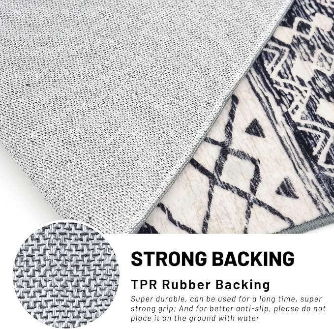KUTA Washable Rugs Round 5Ft Black Navy Blue Boho Area Rug for Living Room, Moroccan Non-Slip Soft Geometric Circle Carpet for Bedroom Low-Pile Nursery Dorm Décor Throw