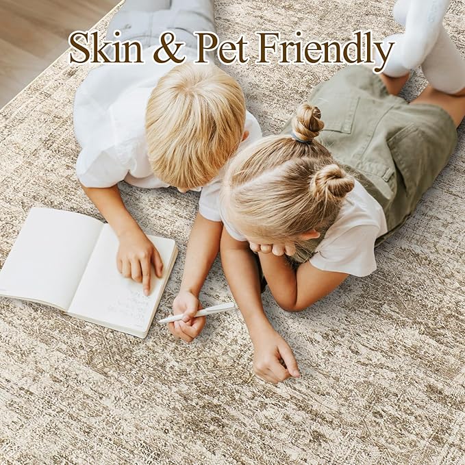 9x12 Area Rugs for Living Room, Non Slip Machine Washable Vintage Rugs, Low Pile Lightweight Large Rug for Bedroom, Dining Room, Home Office Brown