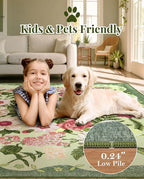 Floral Washable Round Area Rug - 6x6 Round Rugs Living Room Rug Soft Non-Slip Low Pile Large Indoor Accent Circle Carpet for Closet Bedroom Dining Room Home Office Nursery, 6ft Green