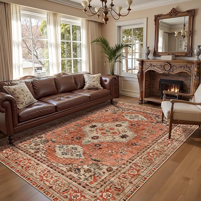 Tangsoo 8x10 Area Rug for Living Room, Washable Vintage Rug Indoor Boho Non Slip Large Area Rugs, Print Distressed Terracotta Carpet, Soft Low Pile Foldable Floor Rug for Bedroom Dining Room